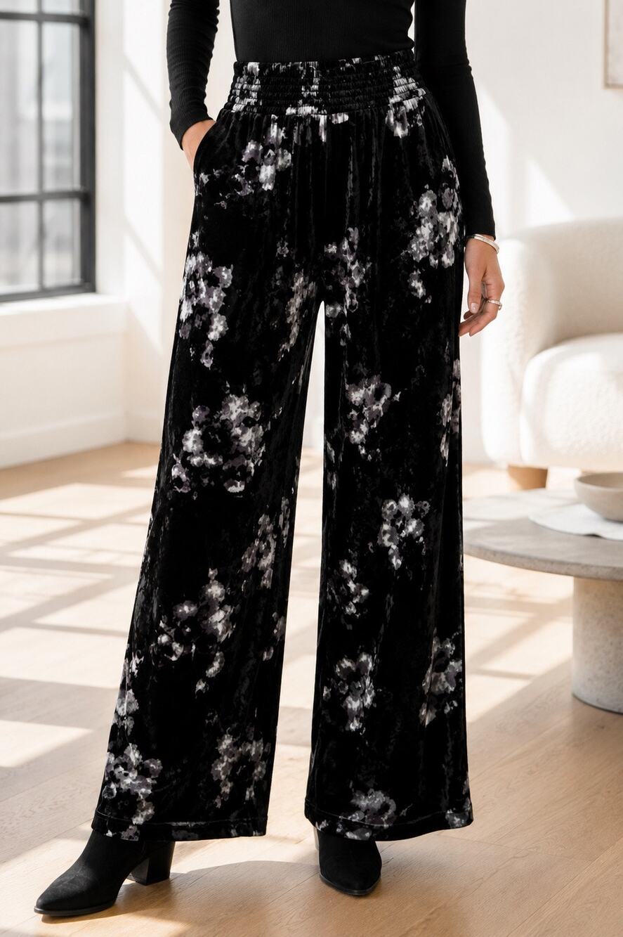 Indigo Rein Black Crushed Velvet Floral Palazzo Pants Wide Leg Smocked Large